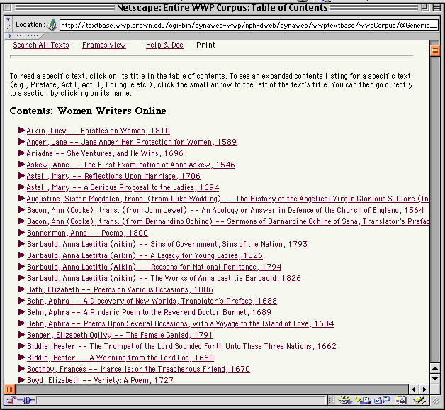 A screenshot of the table of contents of the first iteration of Women Writers Online.