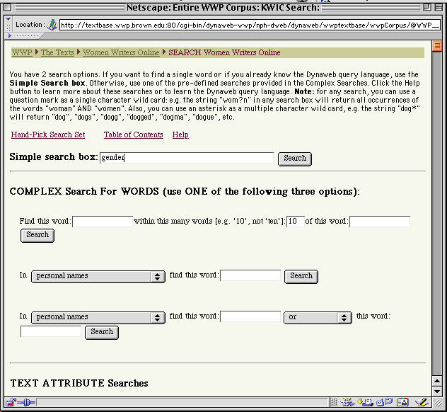 A screenshot of the search interface of the first iteration of Women Writers Online.