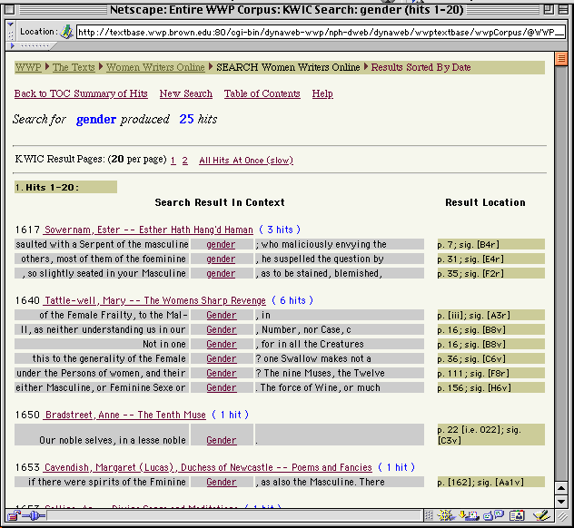 A screenshot of the search results interface of the first iteration of Women Writers Online.