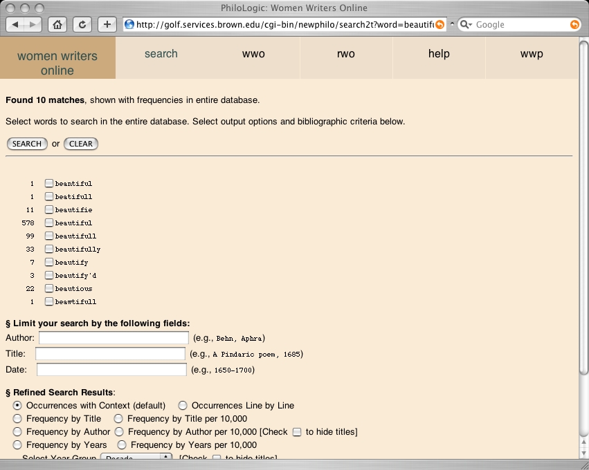 A screenshot of the search results interface of the second iteration of Women Writers Online, showing fuzzy matching and search refinement options.