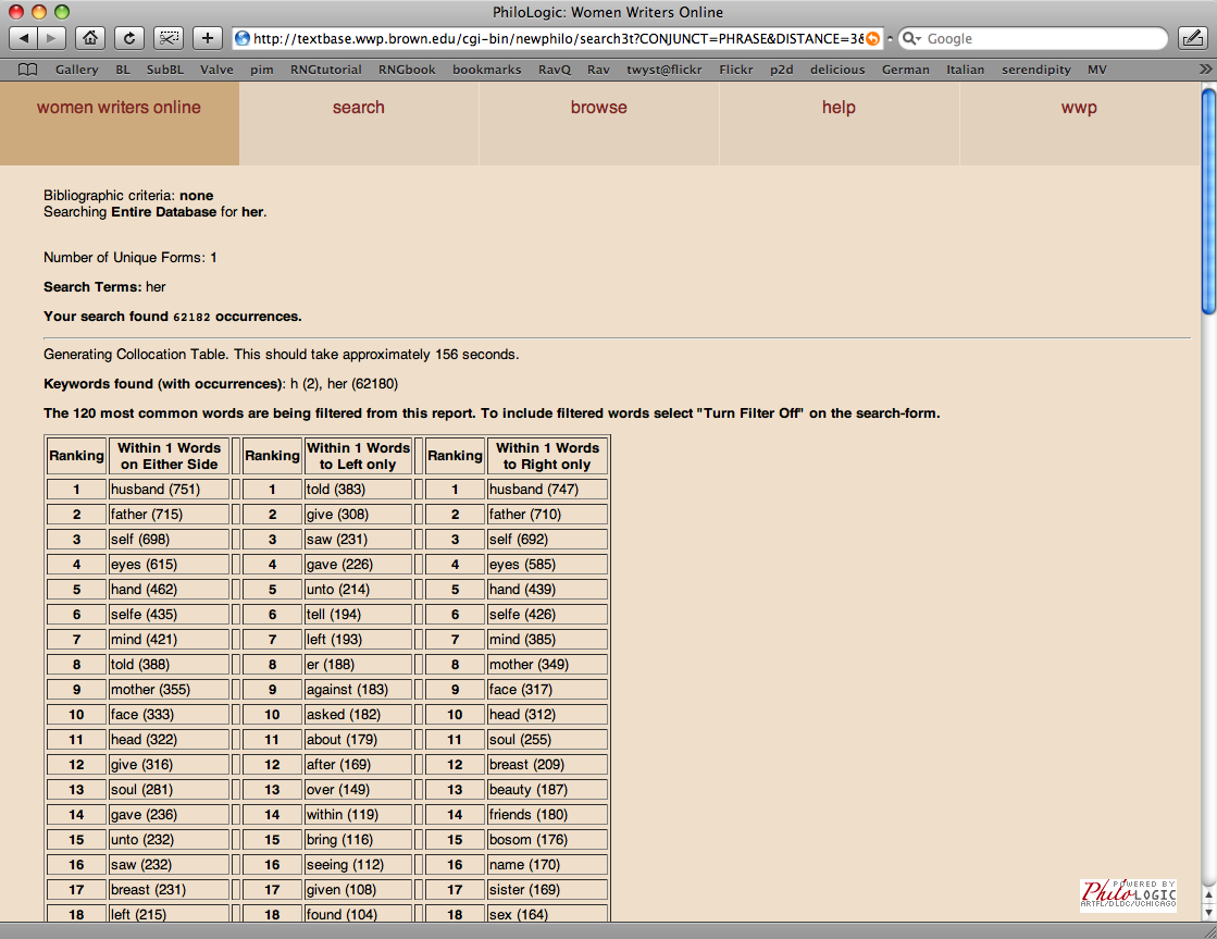 A screenshot of the collocation results from the second iteration of Women Writers Online.