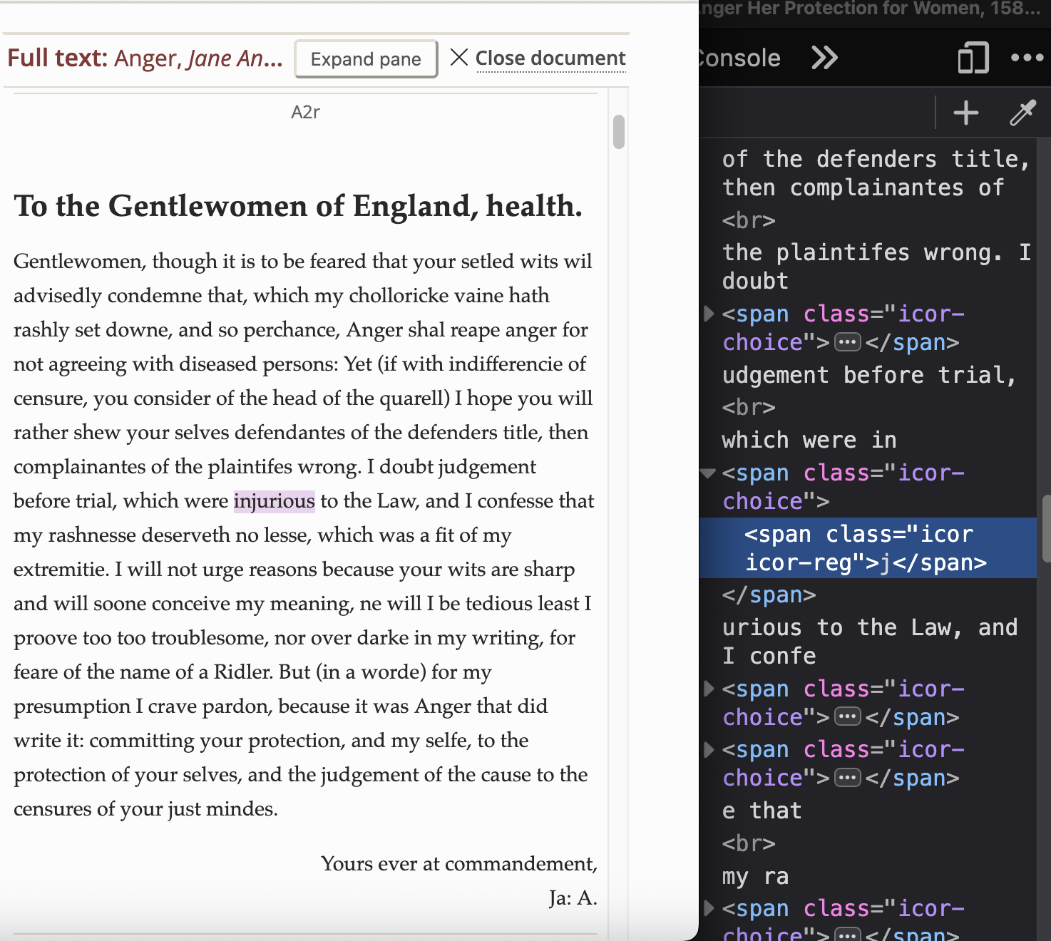 Zoomed-in screenshot of a Women Writers Online document next to the browser’s Inspector tool.