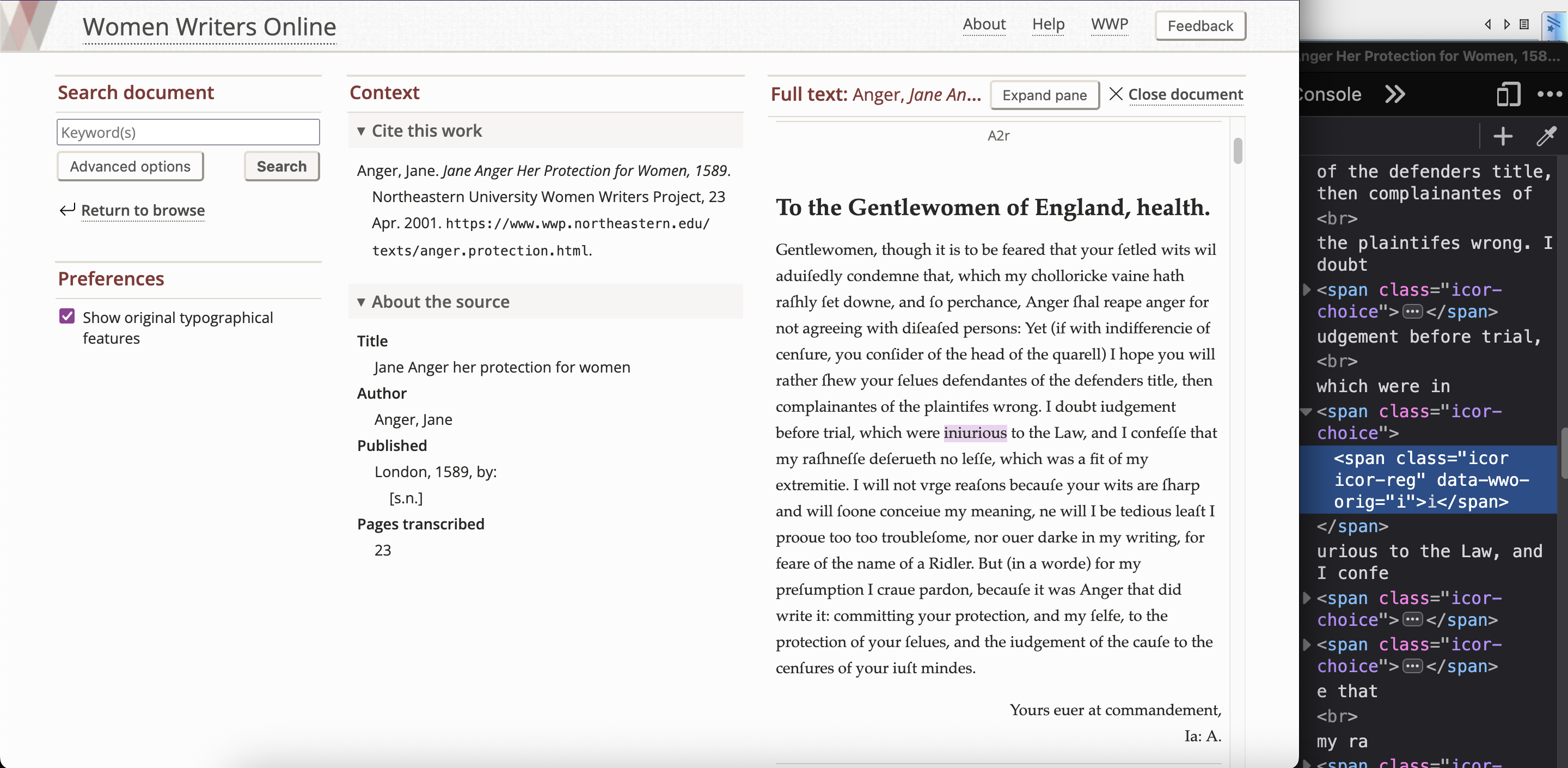 Fuller screenshot of the same document in WWO. To the left of the document reader are panes for search, preferences, and contextual metadata.
