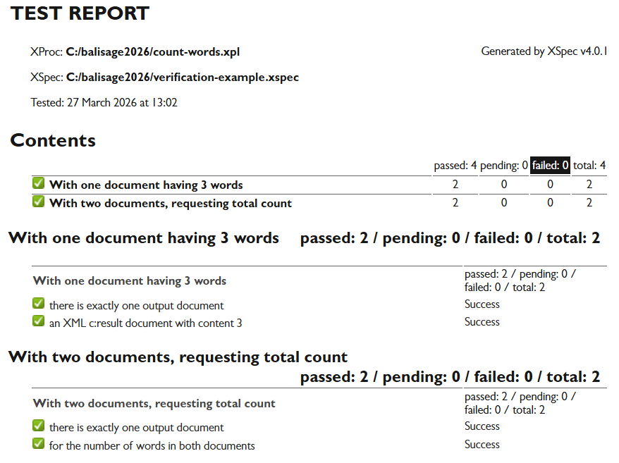 XSpec report of test results, showing both test cases and
          the pass/fail status of each verification.