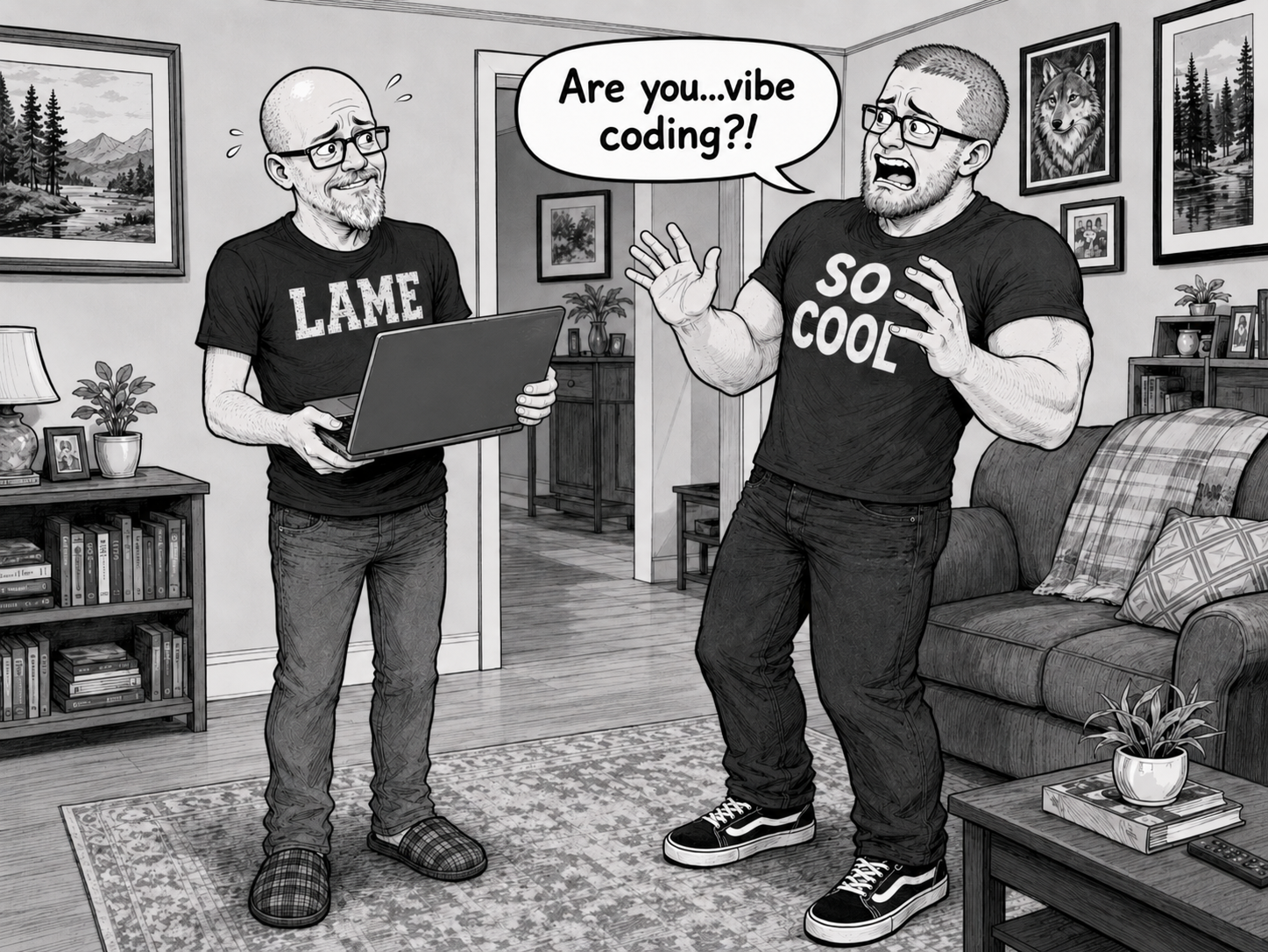 A cartoon son recoils and asks his father, "Are you...vibe coding?!"