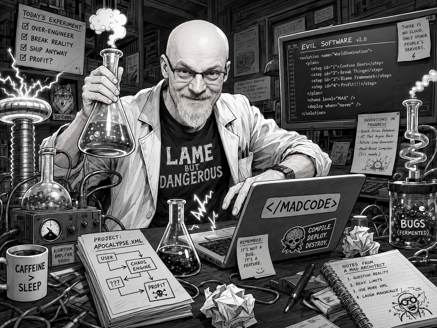Ben as a mad scientist surrounded by chaotic software experiments.