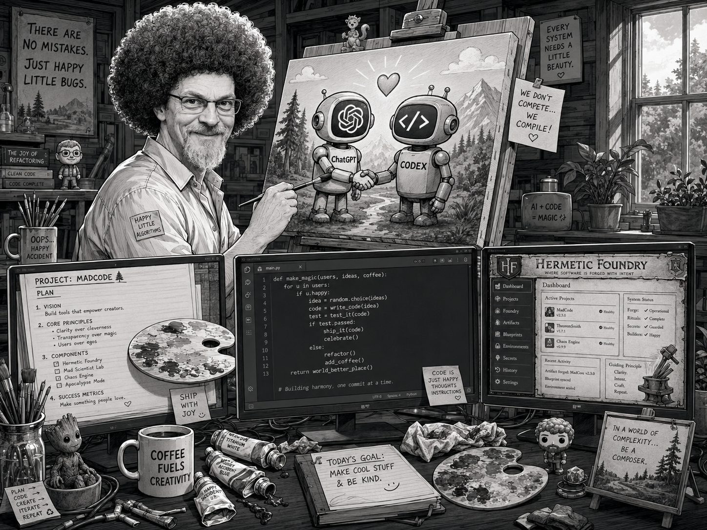 Ben dressed as Bob Ross paints ChatGPT and Codex robots shaking hands.