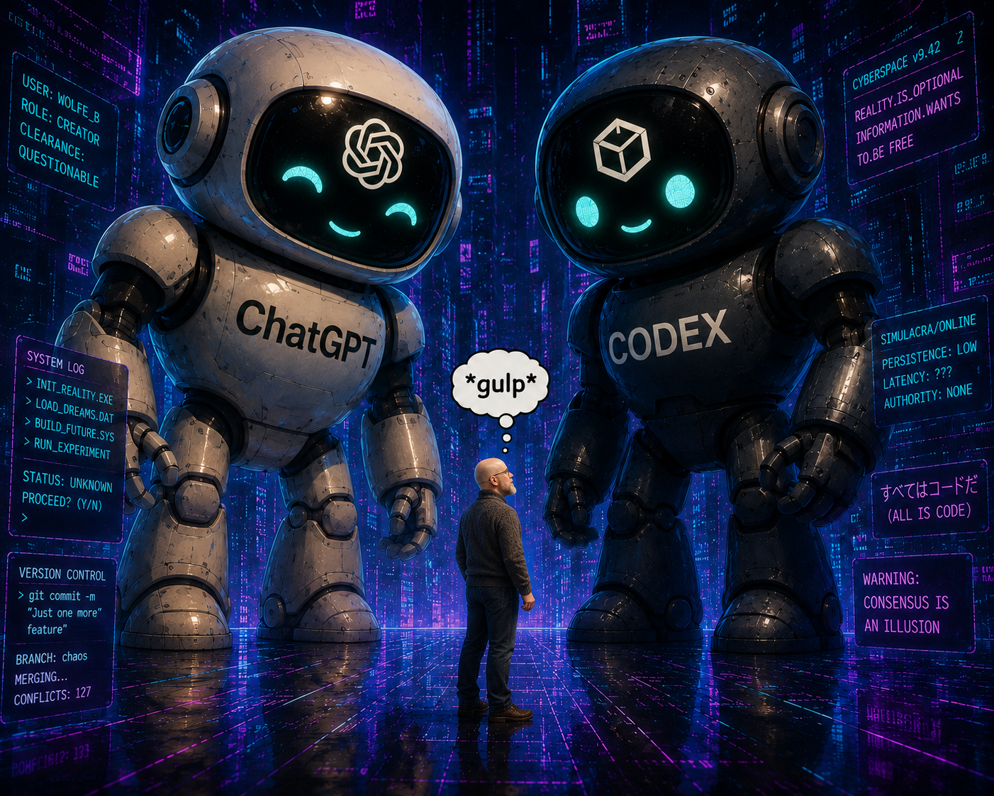 A tiny Ben stands beneath enormous friendly ChatGPT and Codex robots in cyberspace.