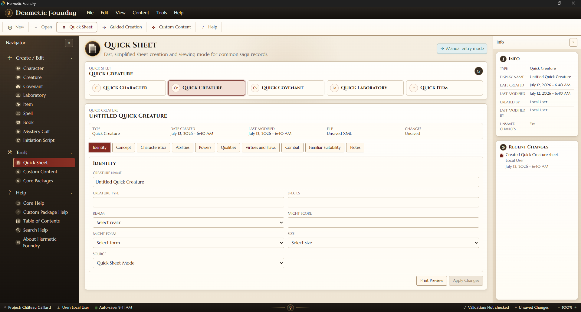 Codex’s completed and substantially expanded Quick Creature interface.