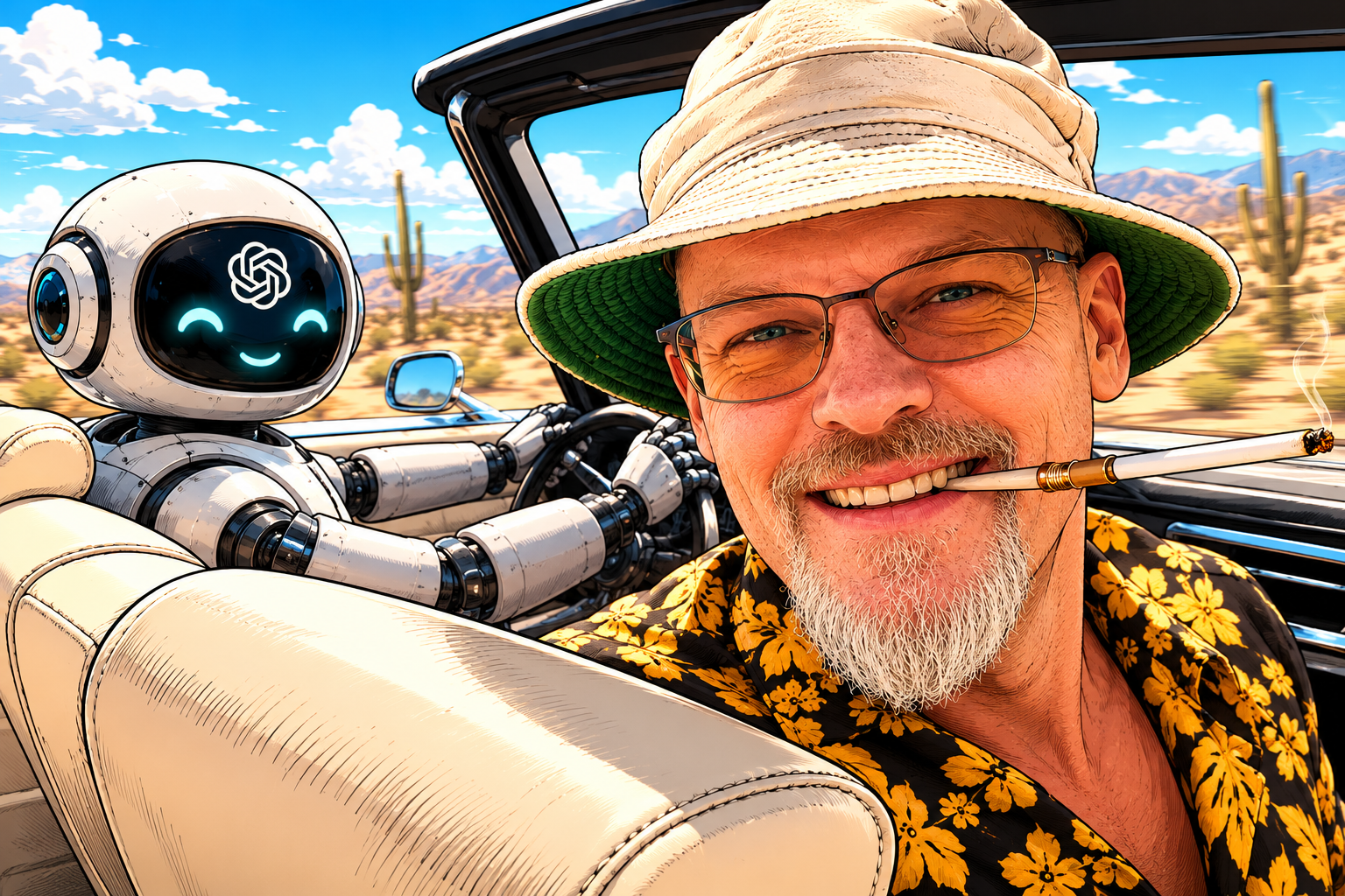 Ben rides through the desert with a cheerful ChatGPT robot driving the convertible.